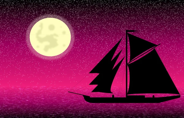 Gece denizde siyah gemi silueti — Stok Vektör