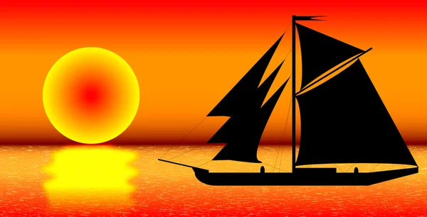 Силует чорного корабля на морі під час заходу сонця — стоковий вектор