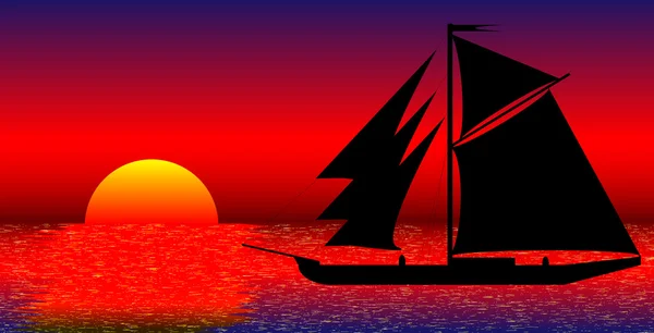 Black ship silhouette on sea at sunset — Stock Vector