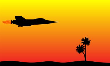 Silhouette of a fighter flying over the desert clipart