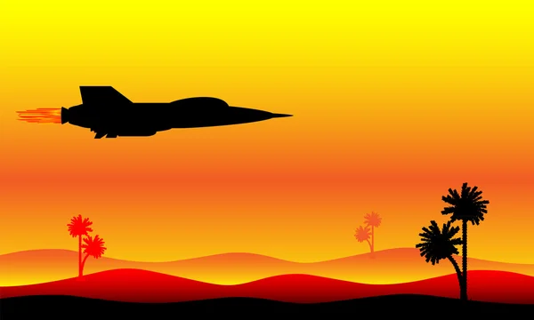 Silhouette of a fighter flying over the desert — Stock Vector