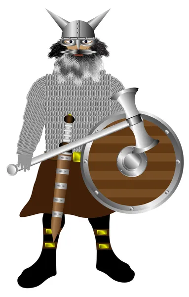 Wikinger in Rüstung mit Schild, Schwert und Axt — Stockvektor