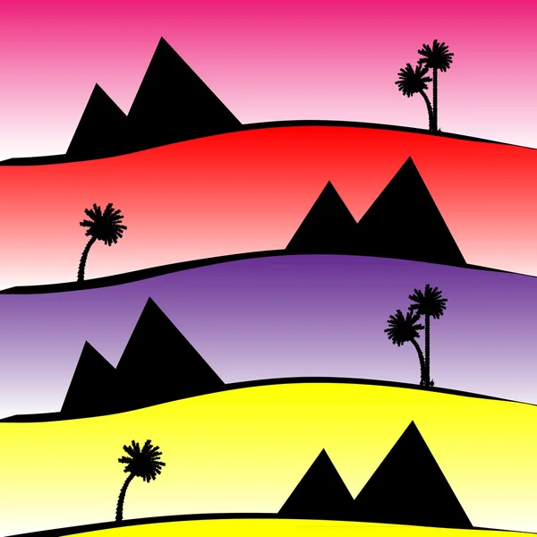 Muster mit Pyramiden und Palmen bei Sonnenuntergang — Stockvektor