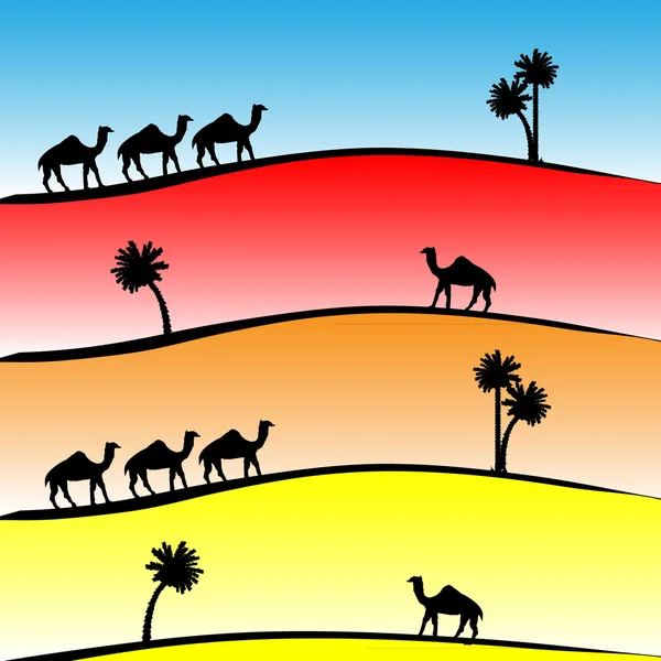 Візерунок з верблюдами і долонями на заході сонця — стоковий вектор