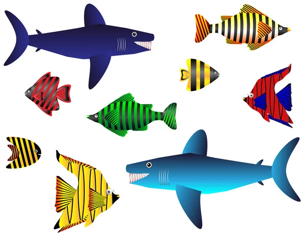 Ensemble de poissons tropicaux sur blanc — Image vectorielle