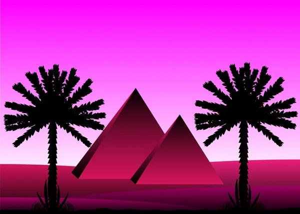 stock vector Sahara desert with egyptian pyramids after sunset