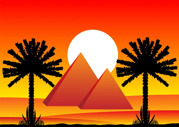 Sahara-Wüste mit ägyptischen Pyramiden bei Sonnenuntergang — Stockvektor