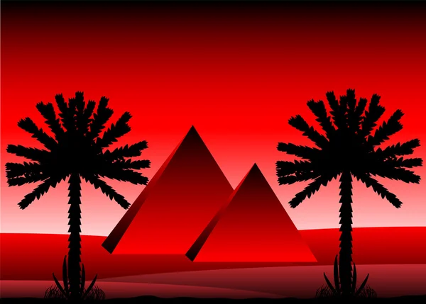 Deserto do Saara com pirâmides egípcias após o pôr do sol — Vetor de Stock