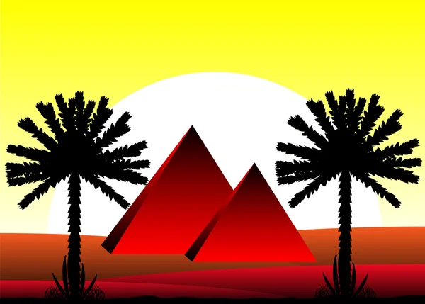 Sahara desierto con pirámides egipcias al atardecer — Vector de stock
