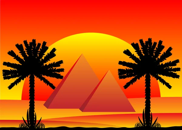 Gün batımında Mısır piramitleri ile Sahra Çölü — Stok Vektör
