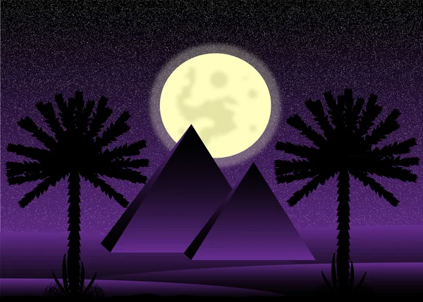 Пустыня Сахара с египетскими пирамидами ночью — стоковый вектор
