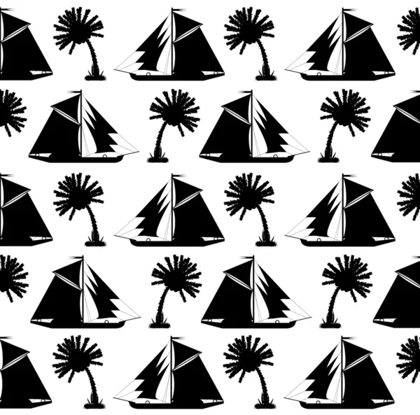 Bakgrund, silhuetter av palmer och fartyg — Stock vektor