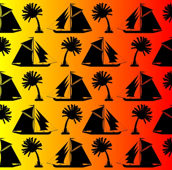 Achtergrond, silhouetten van palmen en schepen — Stockvector