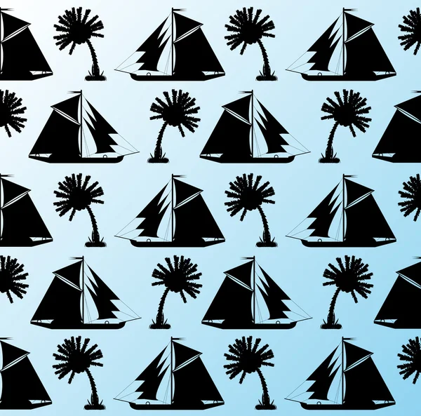 Фон, силуэты пальм и кораблей — стоковый вектор