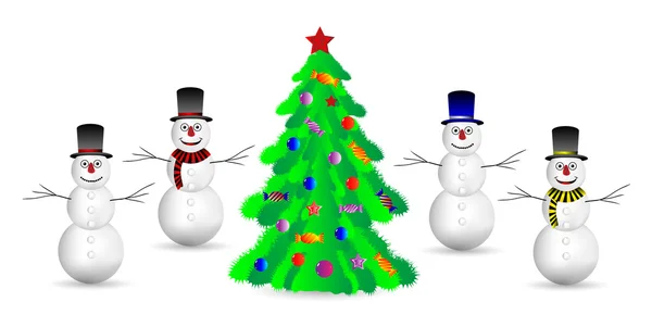 Muñecos de nieve y árbol de Navidad en blanco — Vector de stock