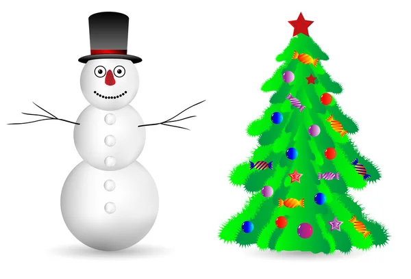 Schneemann und Weihnachtsbaum auf weiß — Stockvektor