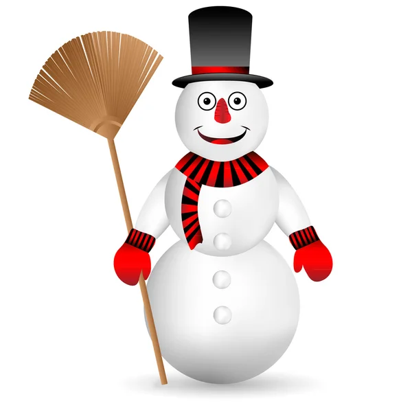 Hombre de nieve con escoba en blanco — Vector de stock