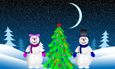 Christmas tree and snowmans in fir tree forest clipart