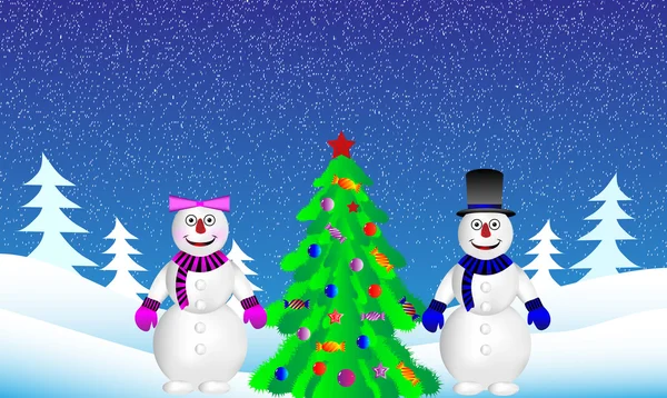 Рождественская елка и снеговики в еловом лесу — стоковый вектор