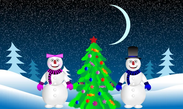 Χριστουγεννιάτικο δέντρο και snowmans στο Ελατοδάσος — Διανυσματικό Αρχείο