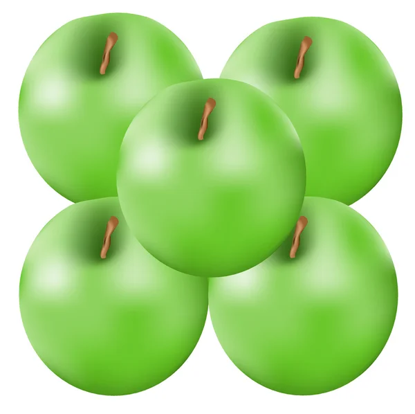 Cinco manzanas verdes sobre blanco — Vector de stock