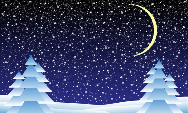 Winter landscape with falling snow at night — Stock Vector