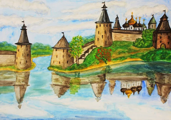 Town Pskov in Russia, hand drawn painting — Stock Photo, Image