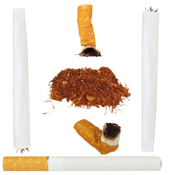 Ensemble de cigarettes, tabac, mégots isolés sur fond blanc — Photo