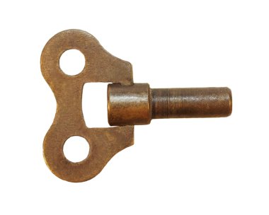 Old clock key winder isolated on white background, texture clipart