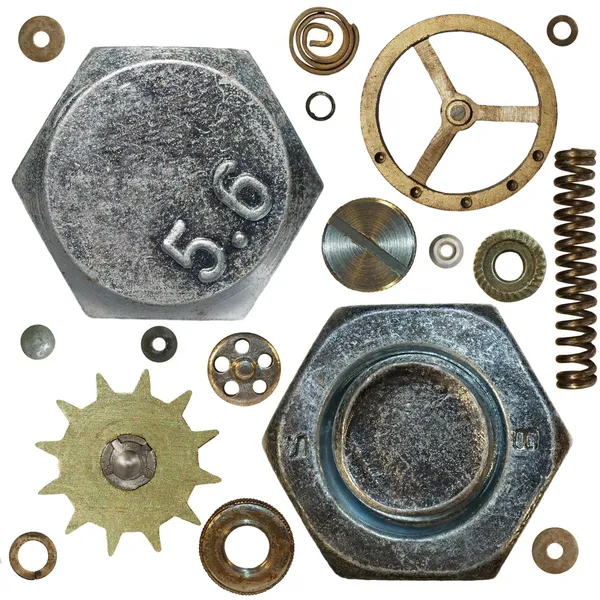 齿轮、 螺丝头、 弹簧、 螺栓、 钢螺母、 旧金属隔离在白色 — 图库照片