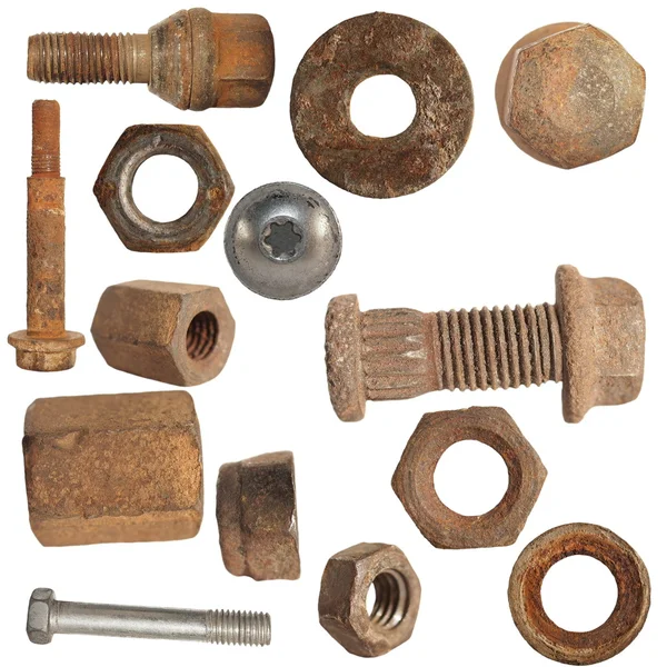 旧生锈的螺丝头、 螺栓、 钢螺母、 旧金属隔离 — 图库照片