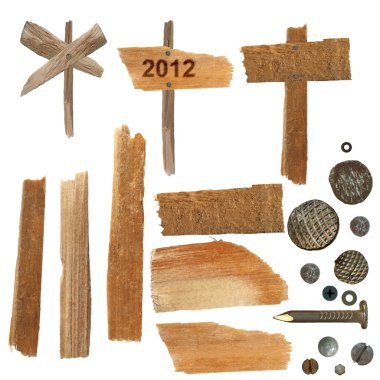 Collection wooden notice board, pieces of broken planks clipart