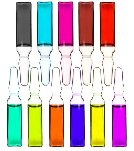 Coleção colorida ampolas médicas isoladas em fundo branco — Fotografia de Stock