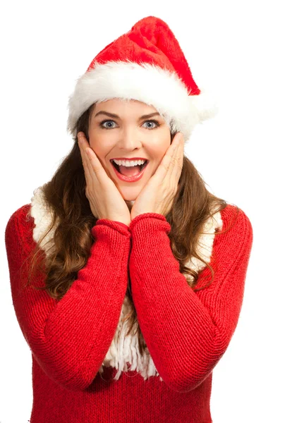 Verrast mooie vrouw in Kerstman hoed — Stockfoto