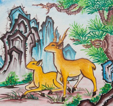 Chinese mountain deer painting on wall in chinese temple clipart