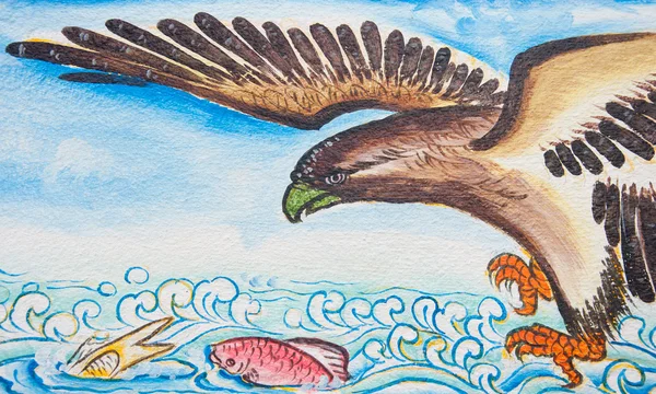 Kinesisk ørn jagt fisk maleri på væg i kinesisk tempel - Stock-foto