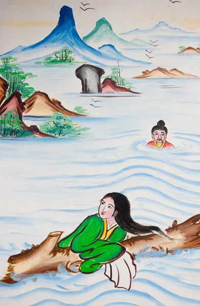 Slachtoffers van de overstromingen van de Chinese schilderen op de muur in chinese tempel — Stockfoto