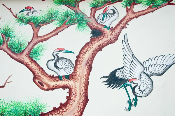 中国苍鹭绘画在中国寺庙墙上 — 图库照片