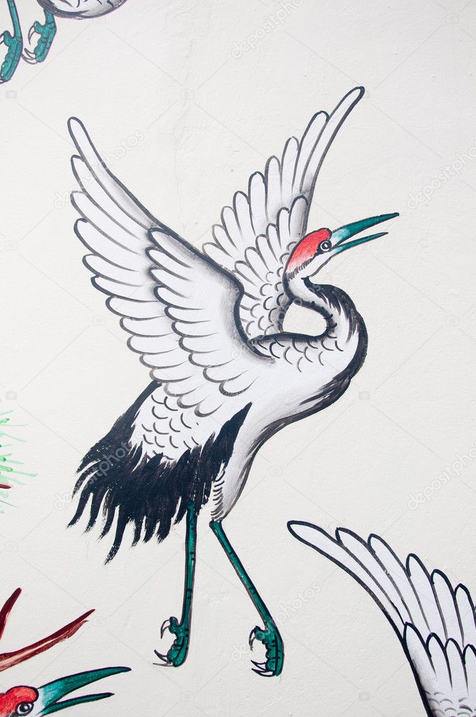 Chinese heron painting on wall in chinese temple