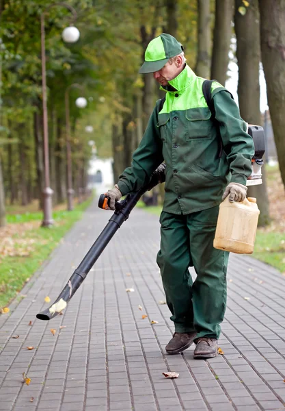 Ландшафтный дизайнер очищает дорожку с помощью Leaf Blower — стоковое фото