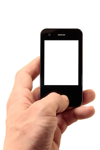 Telefone celular na mão esquerda com display isolado — Fotografia de Stock