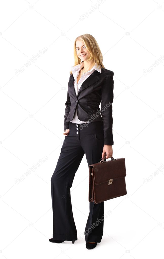 Ttractive blonde business woman carrying her document case