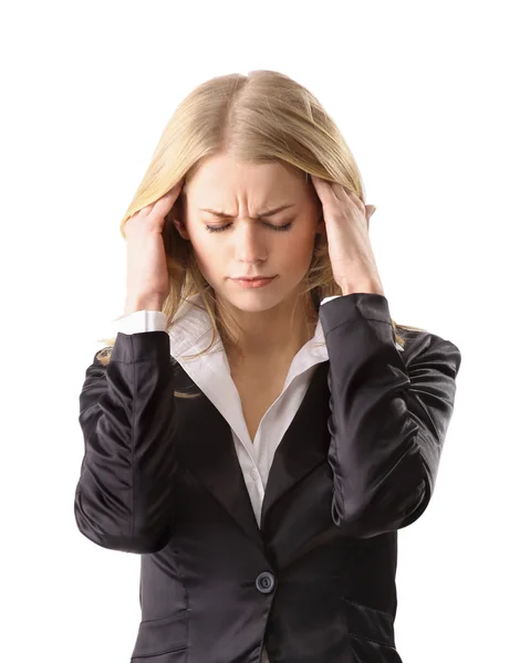 Junge Frau leidet unter Kopfschmerzen vor weißem Hintergrund — Stockfoto