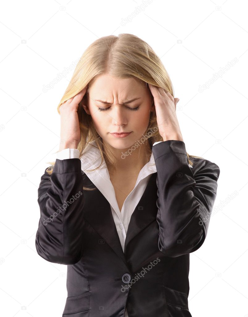 Young woman suffering a headache over white background