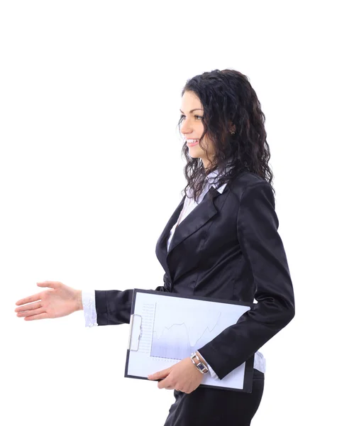 Business woman extend hand over white background — Zdjęcie stockowe