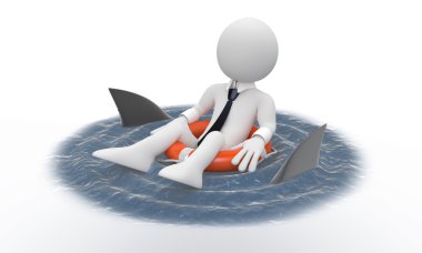 Businessman floating in a life preserver with sharks around clipart