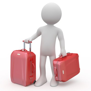 Man stand waiting with two red trolleys suitcases clipart