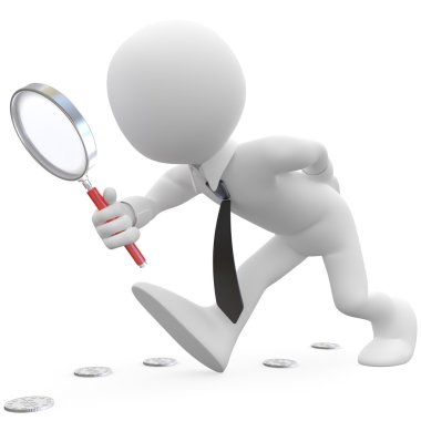 Businessman with magnifying glass looking for coins clipart