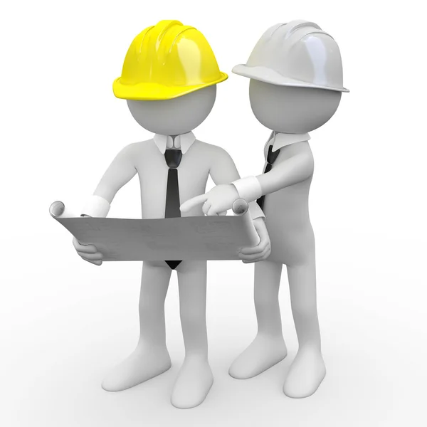 Chief architect looking at plans while another architect gives explanations — Stock Photo, Image