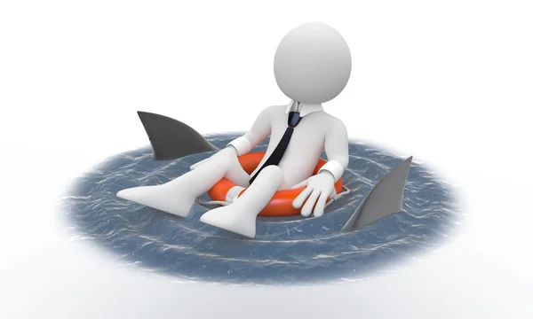 Бизнесмен, плавающий в спасателе с акулами вокруг — стоковое фото
